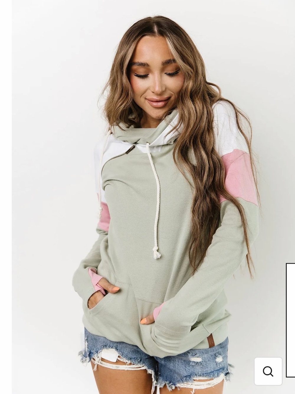 AMPERSAND AVE Sage, Pink & White Colorblock Doublehood Sweatshirt - NWT